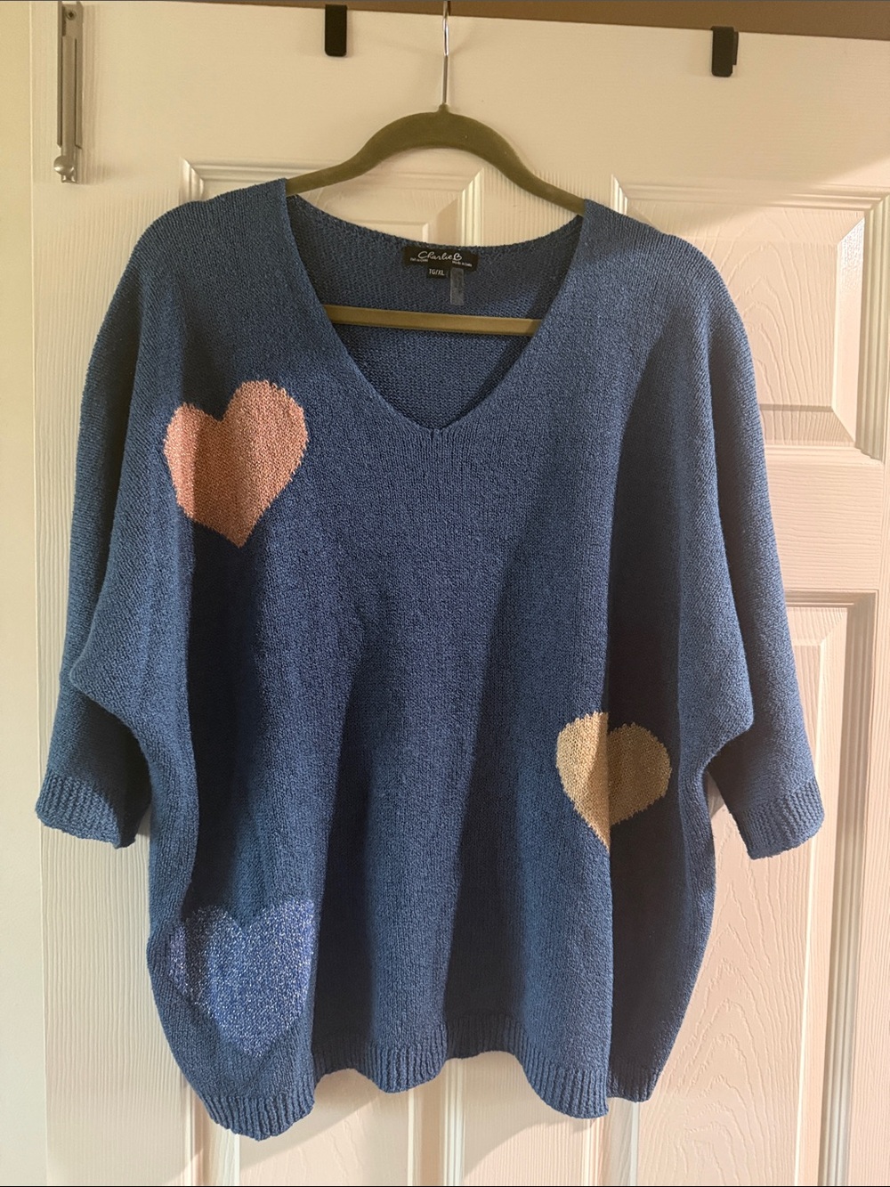 CHARLIE B Blue V-Neck Sweater with Pink and Cream Hearts
